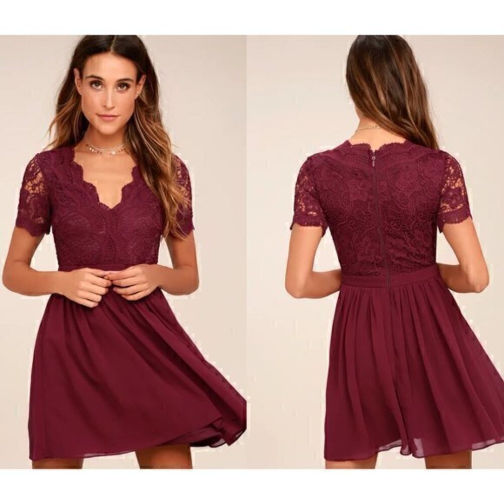 Lulu's Angel in Disguise Burgundy Lace Skater Dress Size L NWT